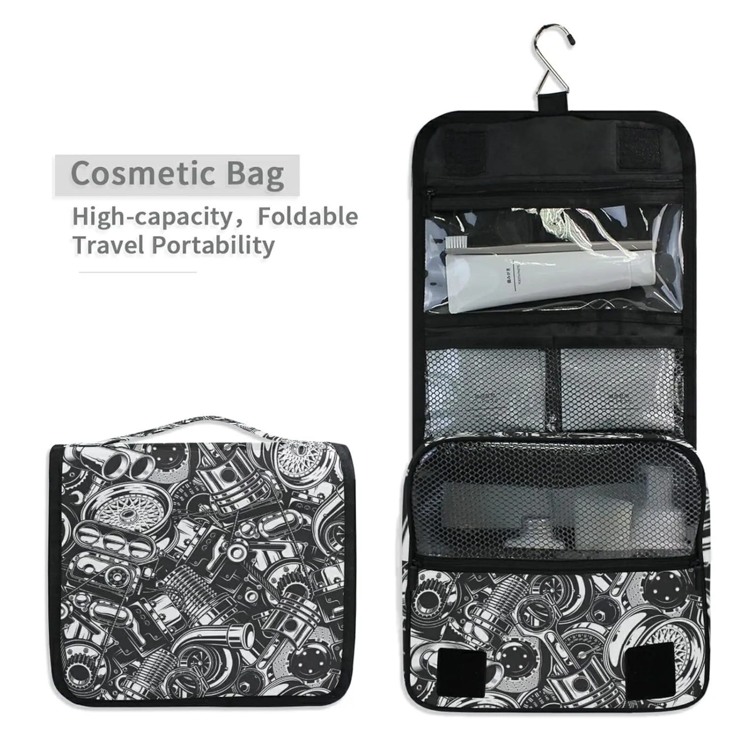 Seamless Car Steel Parts Monochrome Black and White Elements Travel Cosmetic Bag, Hanging Toiletry Wash bag, Portable Makeup Organizer Brush Case, Storage Bag with Hook for Bathroom Toilet