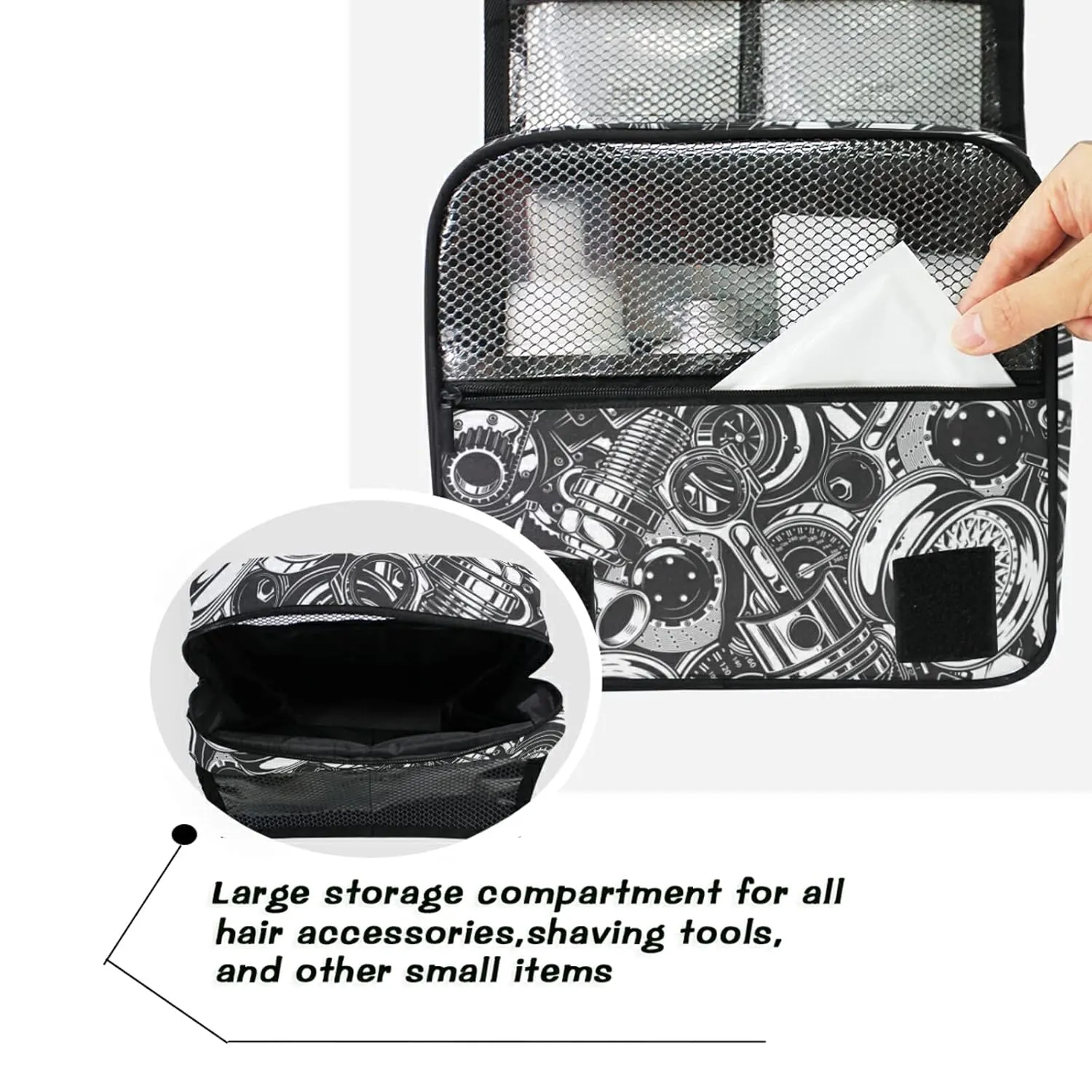 Seamless Car Steel Parts Monochrome Black and White Elements Travel Cosmetic Bag, Hanging Toiletry Wash bag, Portable Makeup Organizer Brush Case, Storage Bag with Hook for Bathroom Toilet