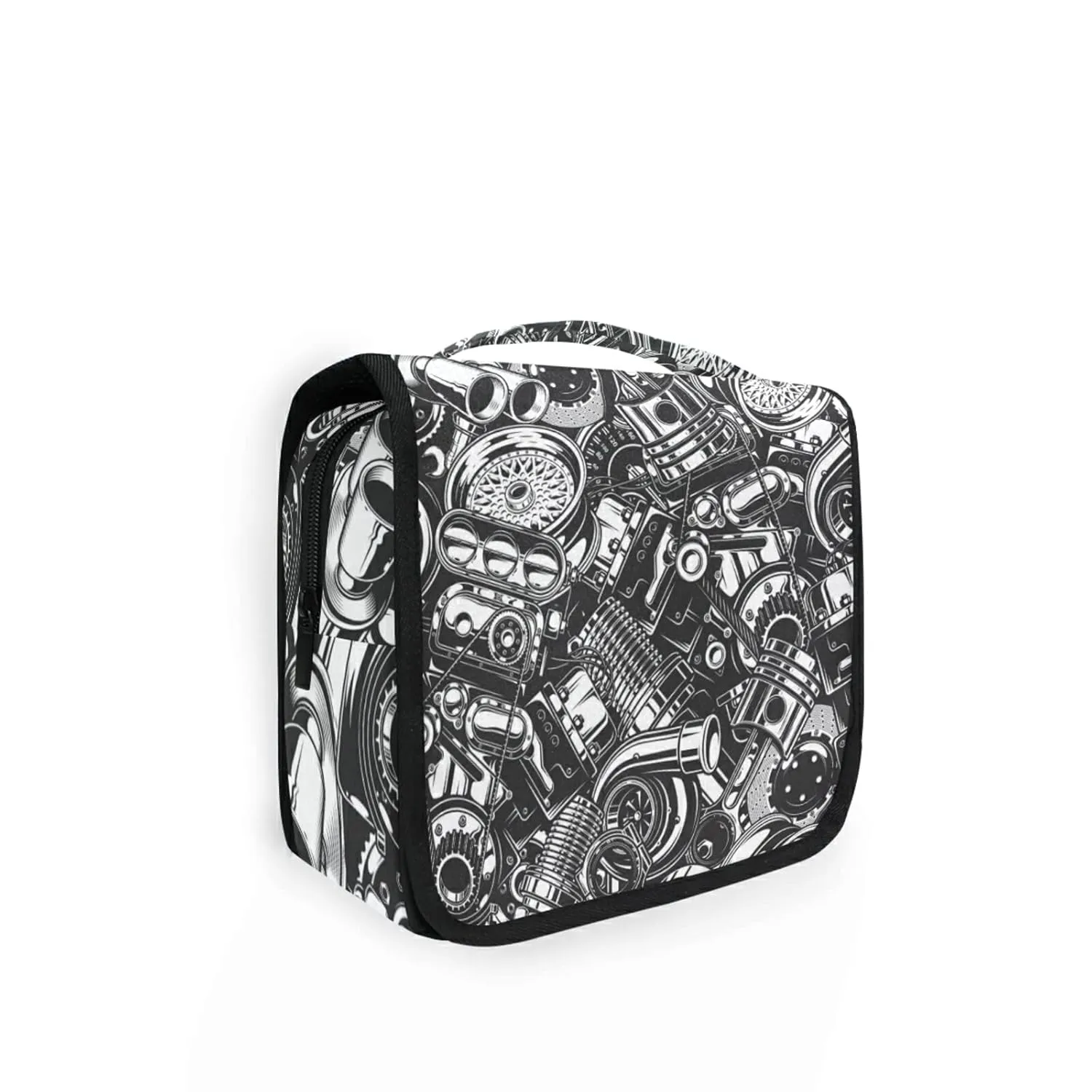 Seamless Car Steel Parts Monochrome Black and White Elements Travel Cosmetic Bag, Hanging Toiletry Wash bag, Portable Makeup Organizer Brush Case, Storage Bag with Hook for Bathroom Toilet