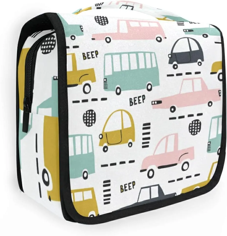 Seamless Cartoon Cars, Road Hatches, Zebra Crossing on White Hanging Wash Gargle Toiletry Bag Travel Cosmetic Makeup Case Organizer Storage Large Portable