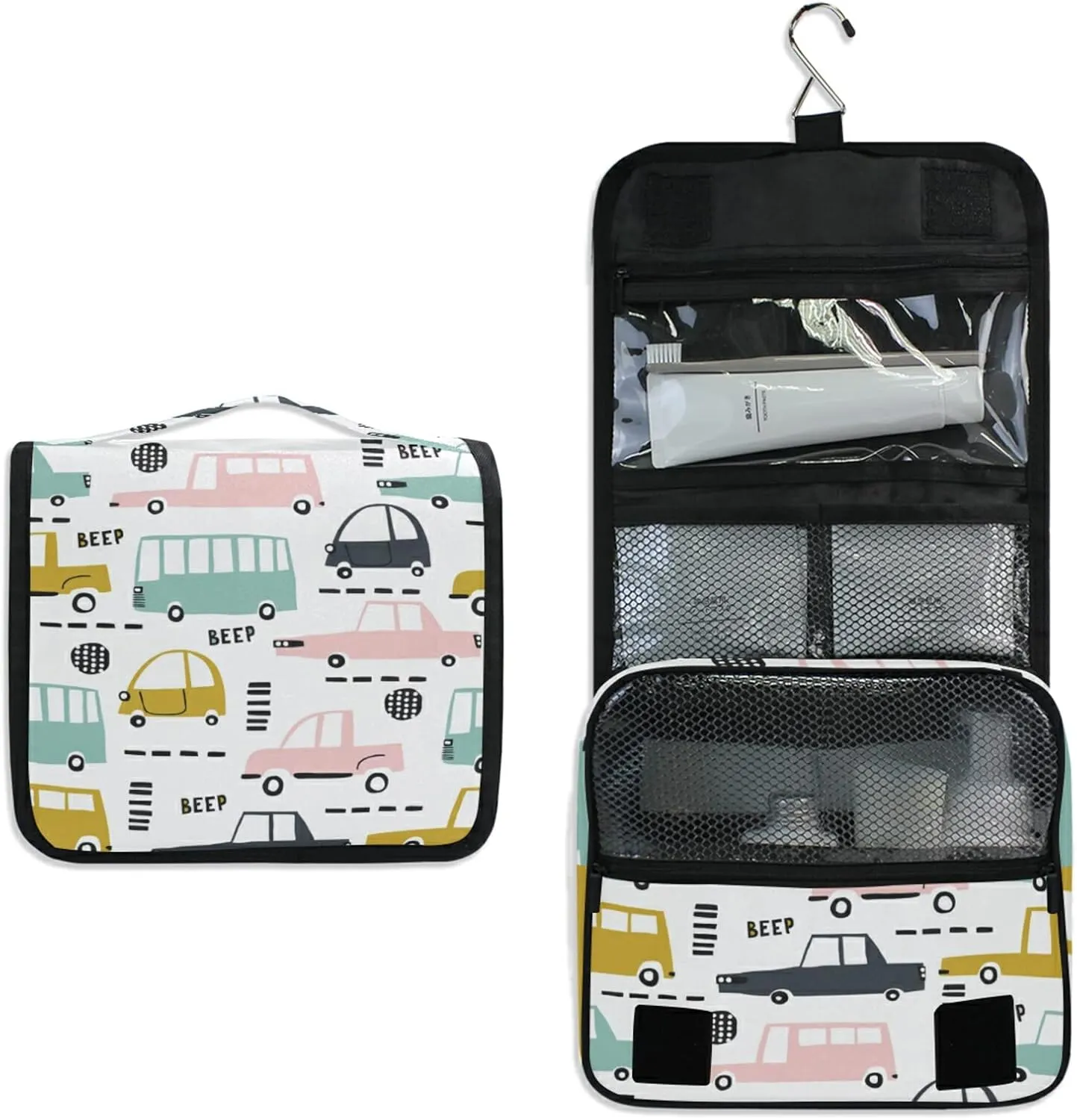Seamless Cartoon Cars, Road Hatches, Zebra Crossing on White Hanging Wash Gargle Toiletry Bag Travel Cosmetic Makeup Case Organizer Storage Large Portable
