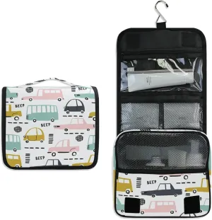 Seamless Cartoon Cars, Road Hatches, Zebra Crossing on White Hanging Wash Gargle Toiletry Bag Travel Cosmetic Makeup Case Organizer Storage Large Portable