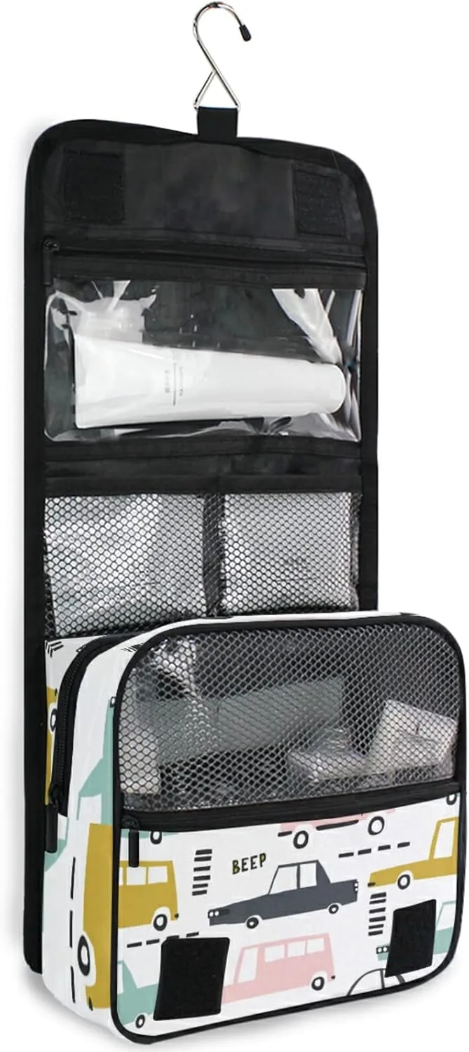 Seamless Cartoon Cars, Road Hatches, Zebra Crossing on White Hanging Wash Gargle Toiletry Bag Travel Cosmetic Makeup Case Organizer Storage Large Portable