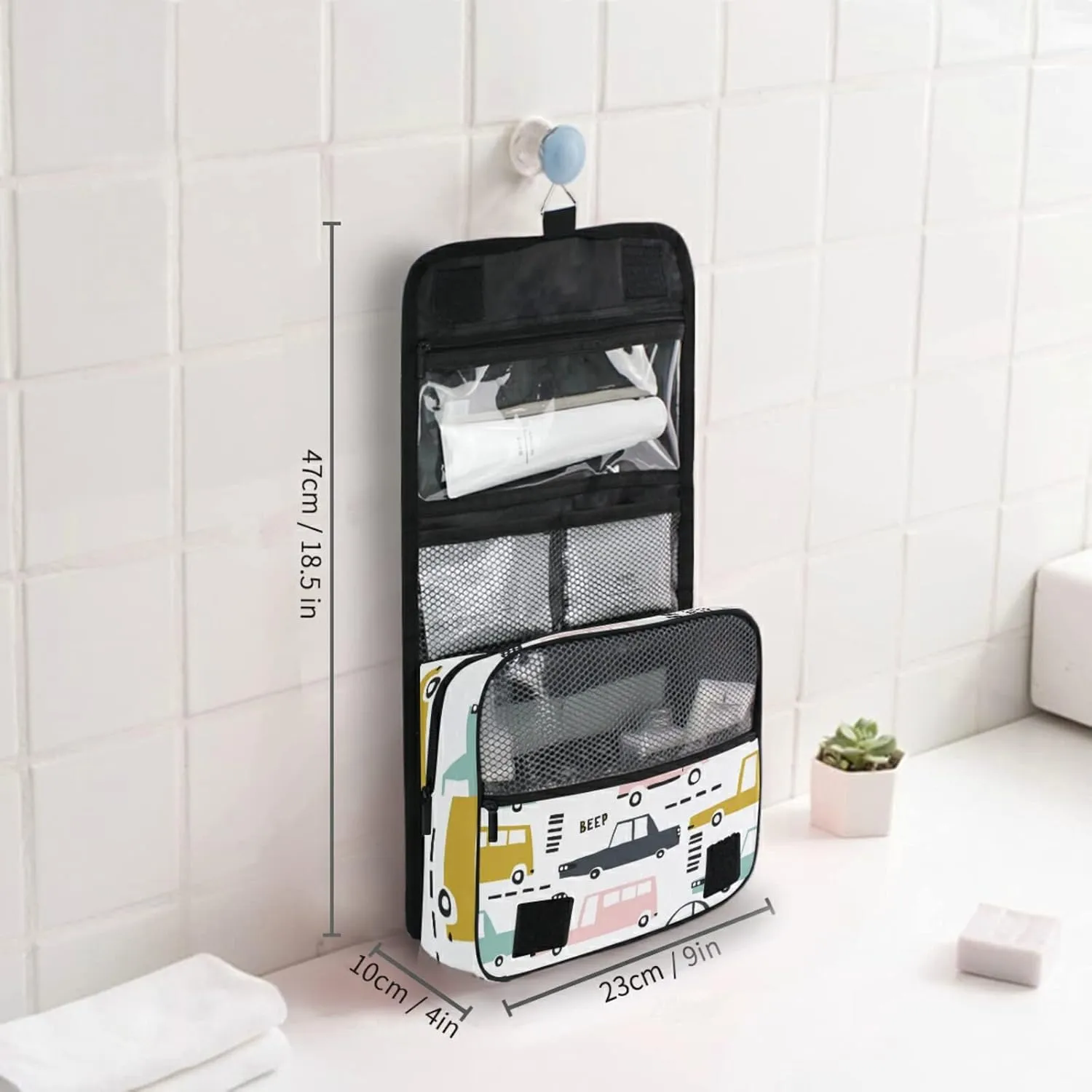 Seamless Cartoon Cars, Road Hatches, Zebra Crossing on White Hanging Wash Gargle Toiletry Bag Travel Cosmetic Makeup Case Organizer Storage Large Portable