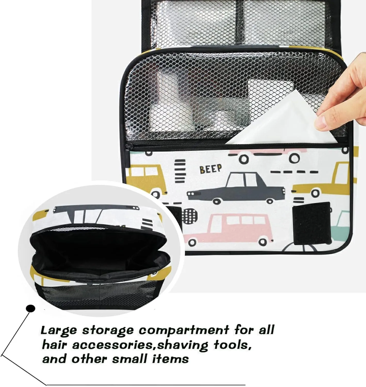 Seamless Cartoon Cars, Road Hatches, Zebra Crossing on White Hanging Wash Gargle Toiletry Bag Travel Cosmetic Makeup Case Organizer Storage Large Portable