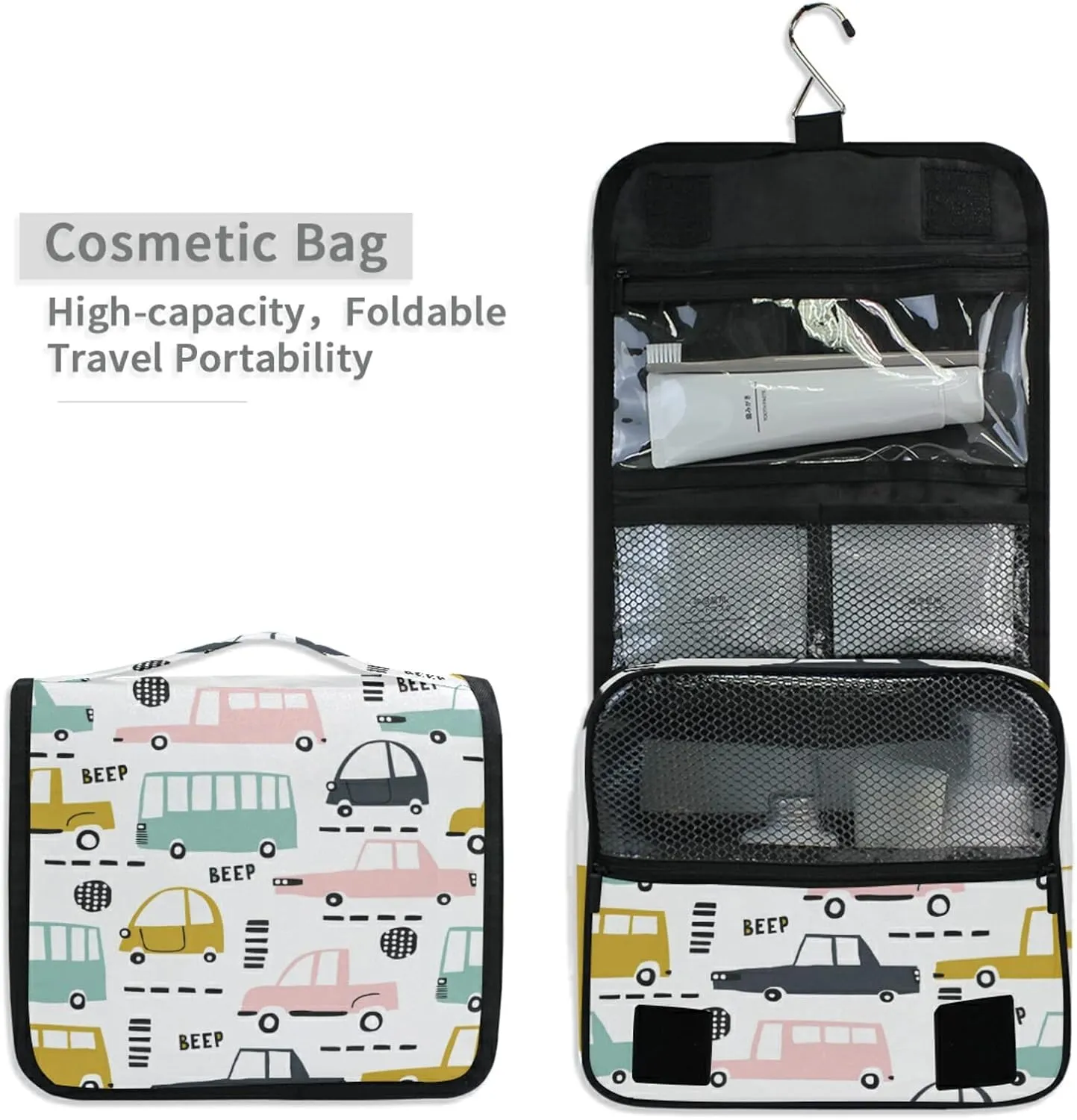 Seamless Cartoon Cars, Road Hatches, Zebra Crossing on White Hanging Wash Gargle Toiletry Bag Travel Cosmetic Makeup Case Organizer Storage Large Portable