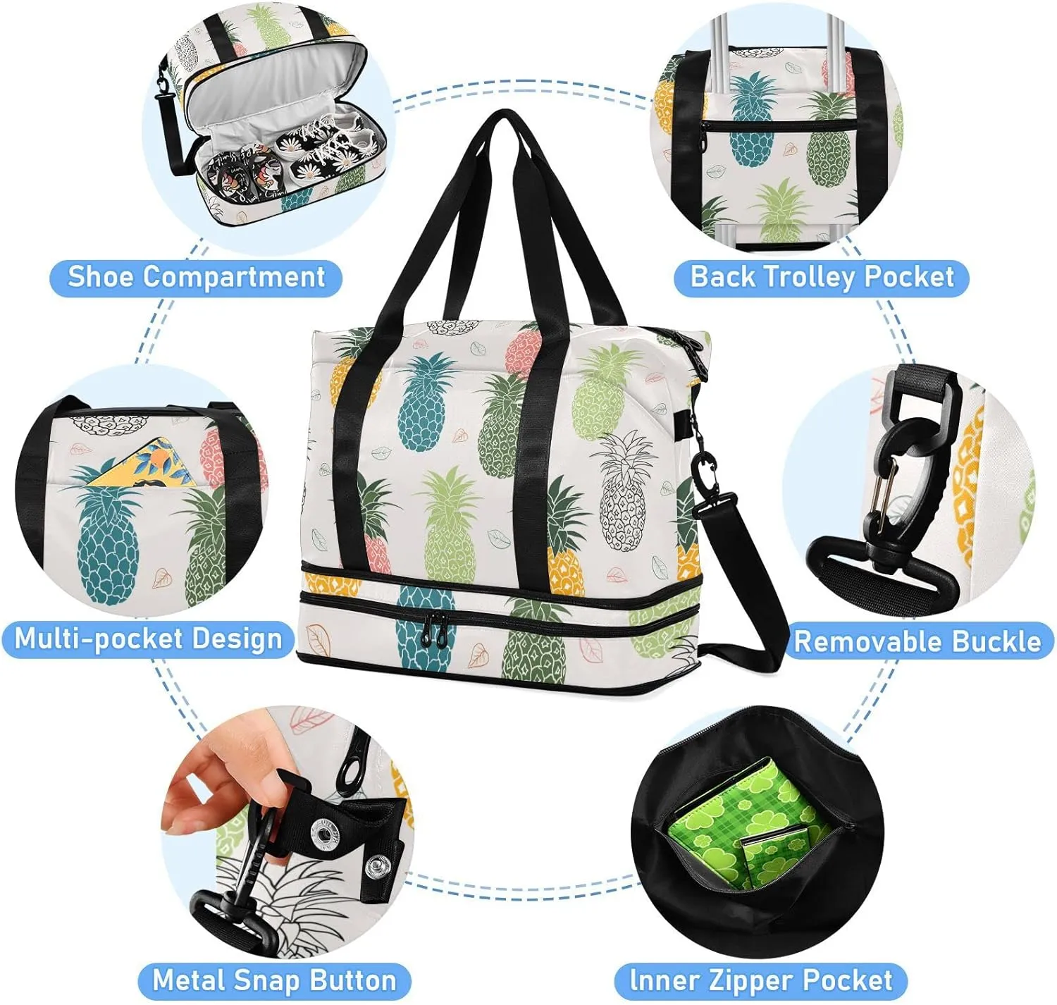 Seamless Colorful Pineapple with Leaves on White Gym Duffel Bag, Polyester Travel Weekender Luggage Handbag with Waterproof Pocket for Wet Items, Unisex Foldable Tote for Sports