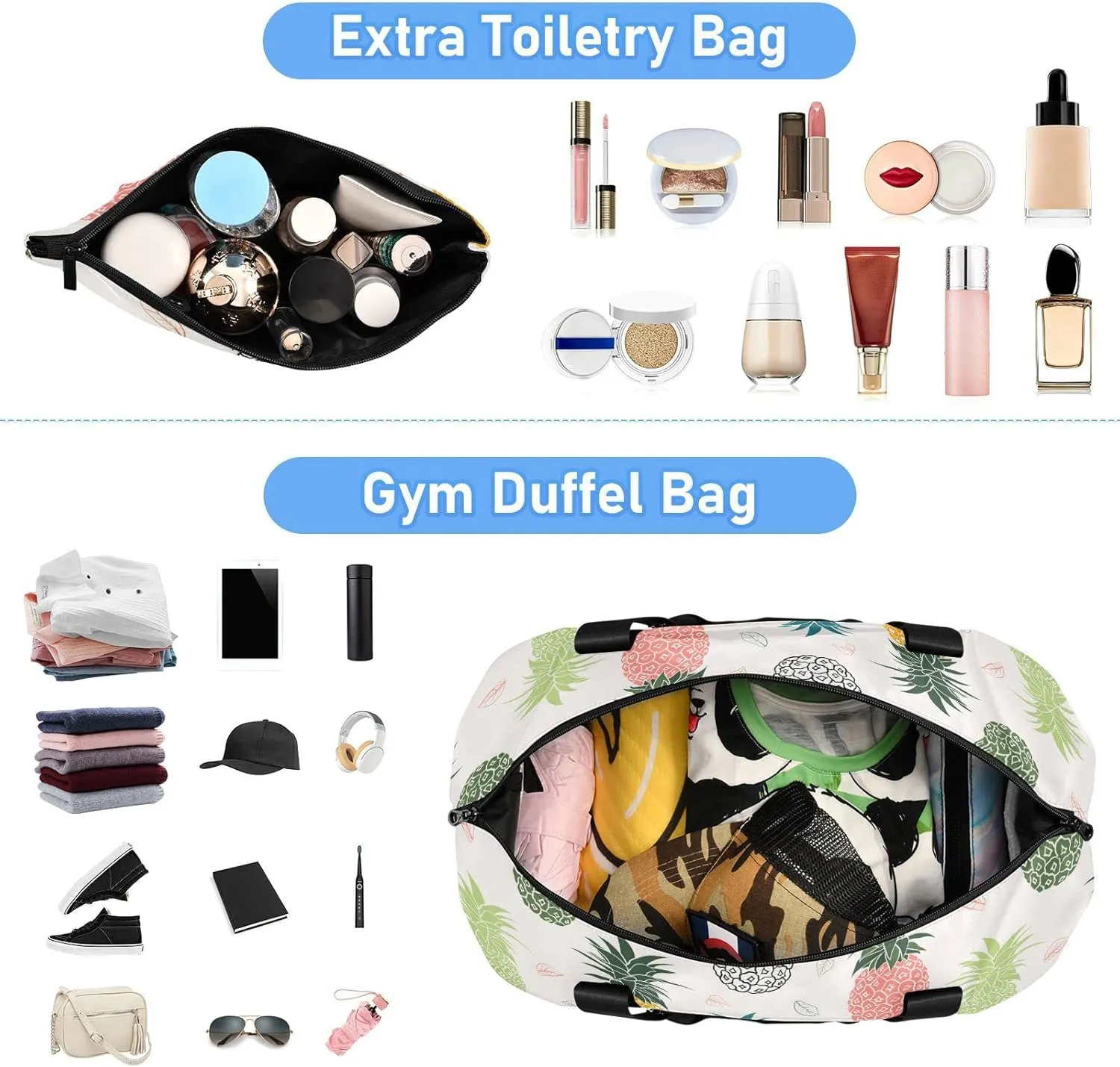 Seamless Colorful Pineapple with Leaves on White Gym Duffel Bag, Polyester Travel Weekender Luggage Handbag with Waterproof Pocket for Wet Items, Unisex Foldable Tote for Sports
