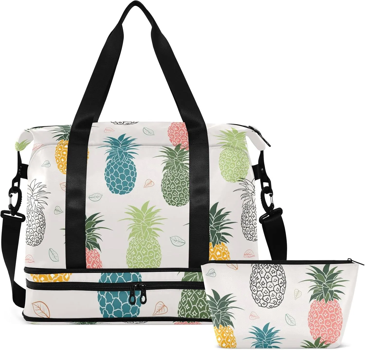 Seamless Colorful Pineapple with Leaves on White Gym Duffel Bag, Polyester Travel Weekender Luggage Handbag with Waterproof Pocket for Wet Items, Unisex Foldable Tote for Sports