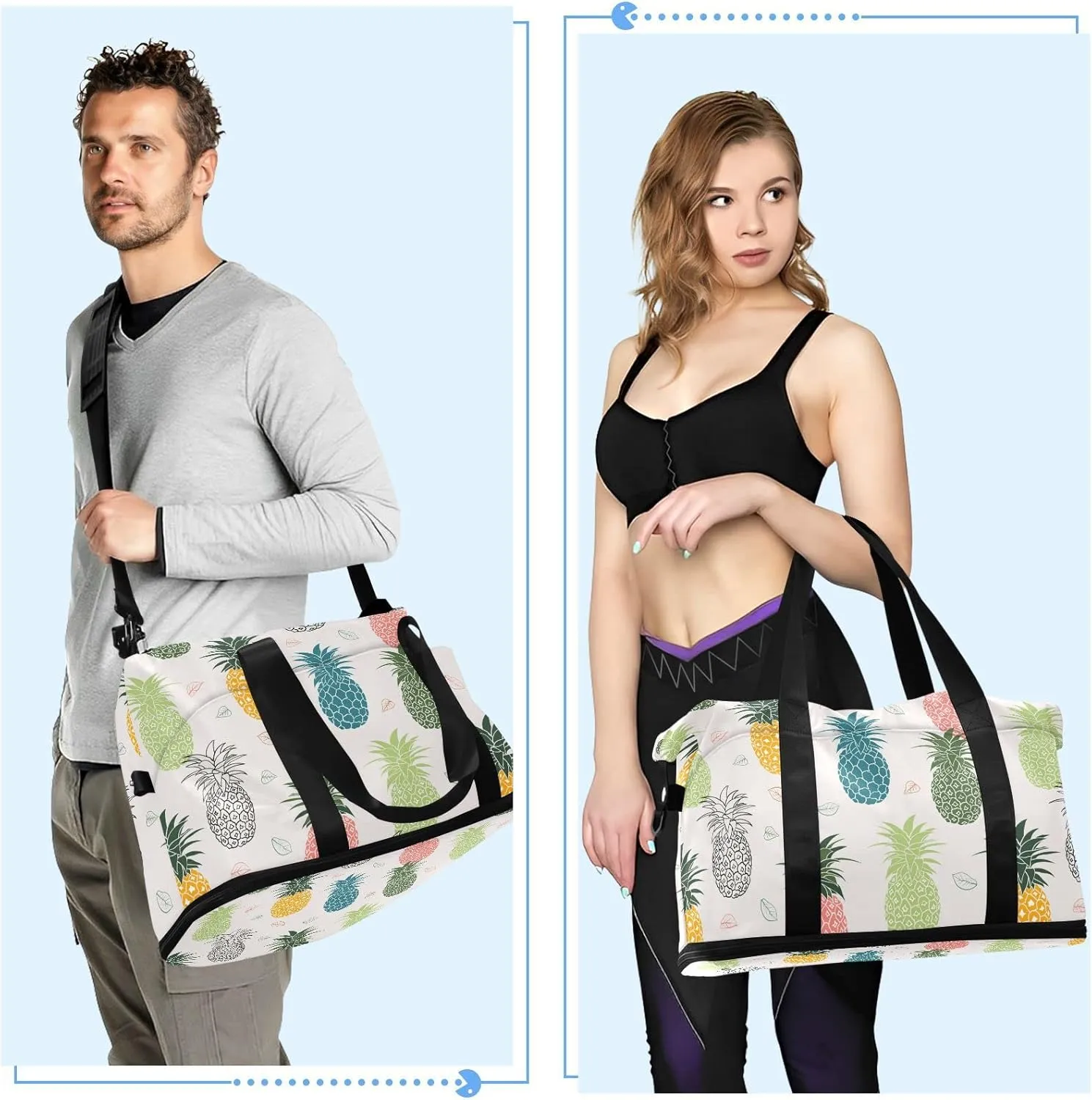 Seamless Colorful Pineapple with Leaves on White Gym Duffel Bag, Polyester Travel Weekender Luggage Handbag with Waterproof Pocket for Wet Items, Unisex Foldable Tote for Sports