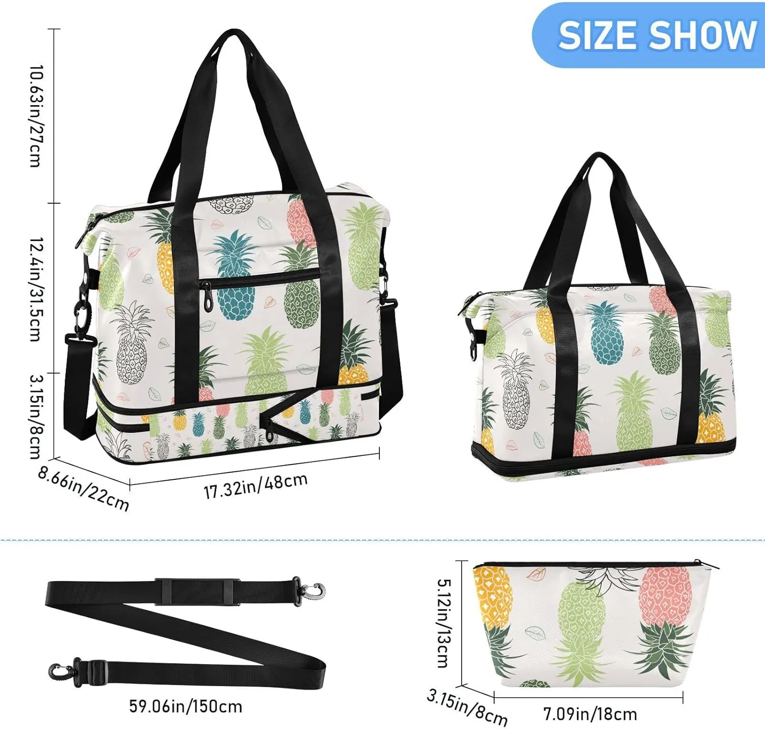Seamless Colorful Pineapple with Leaves on White Gym Duffel Bag, Polyester Travel Weekender Luggage Handbag with Waterproof Pocket for Wet Items, Unisex Foldable Tote for Sports