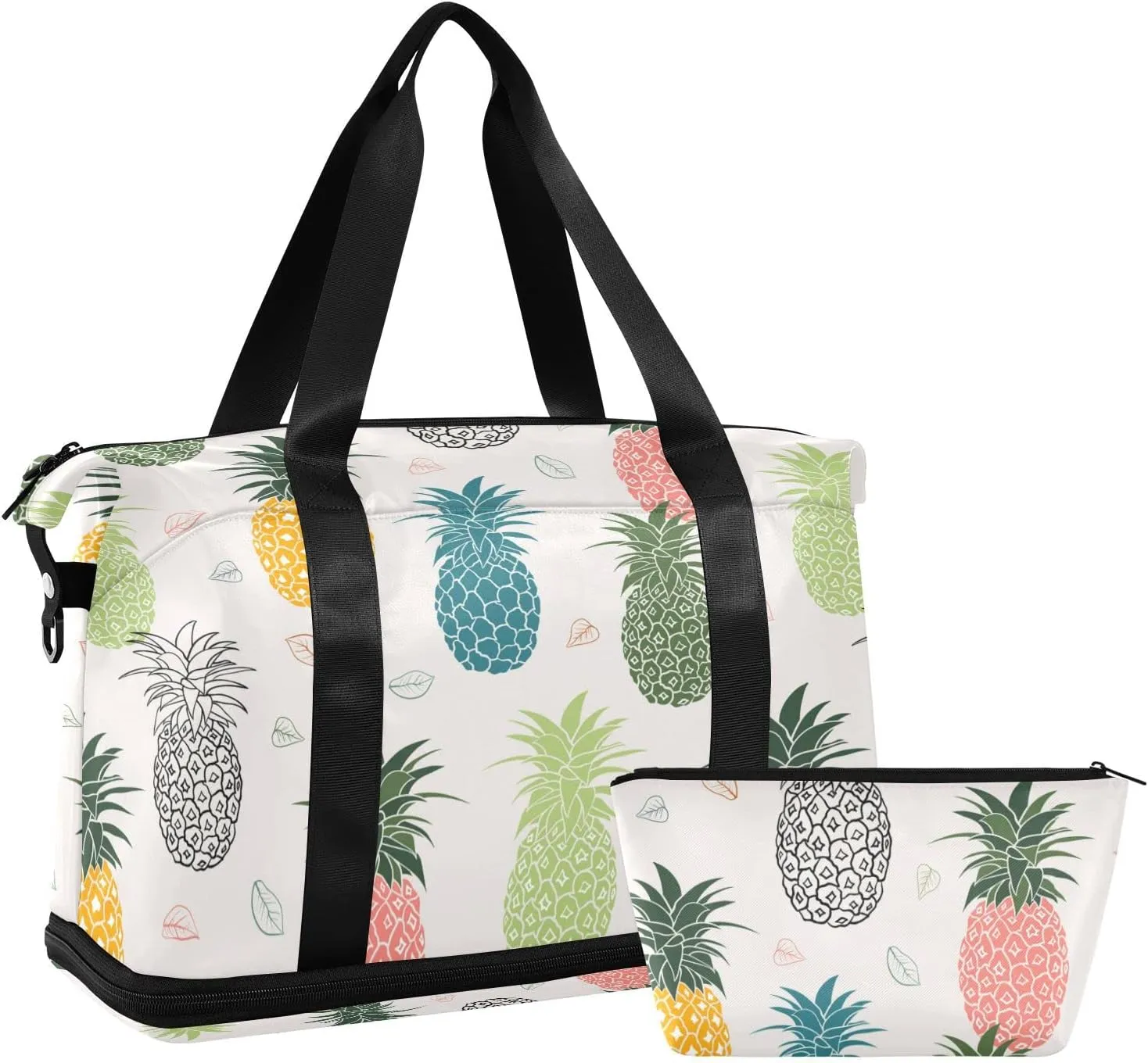 Seamless Colorful Pineapple with Leaves on White Gym Duffel Bag, Polyester Travel Weekender Luggage Handbag with Waterproof Pocket for Wet Items, Unisex Foldable Tote for Sports