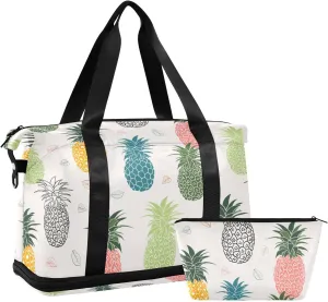 Seamless Colorful Pineapple with Leaves on White Gym Duffel Bag, Polyester Travel Weekender Luggage Handbag with Waterproof Pocket for Wet Items, Unisex Foldable Tote for Sports