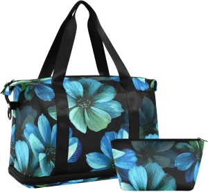 Seamless Mysterious Beautiful Blue Turquoise Flowers on Black Gym Duffel Bag, Polyester Travel Weekender Luggage Handbag with Waterproof Pocket for Wet Items, Unisex Foldable Tote for Sports