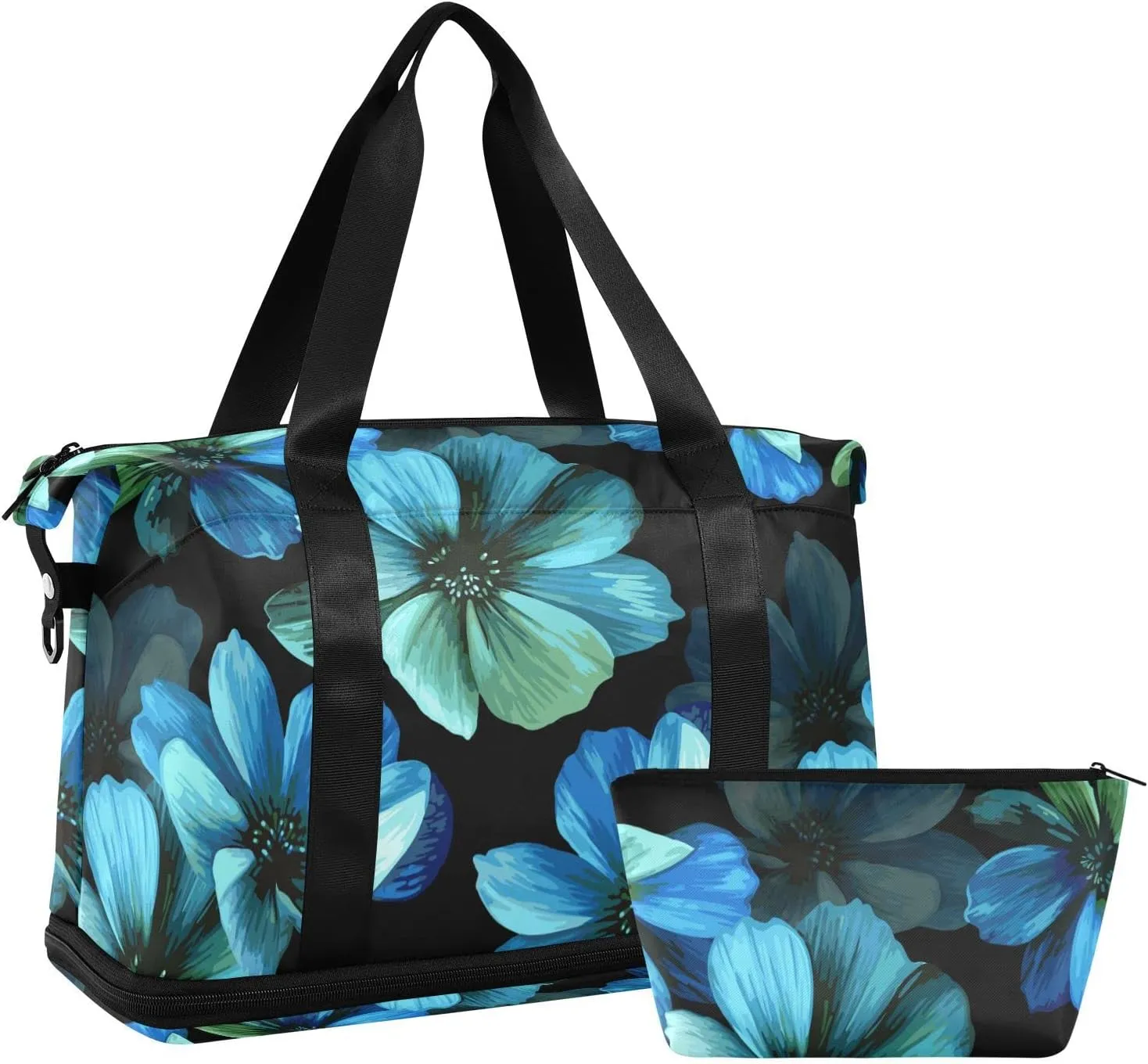 Seamless Mysterious Beautiful Blue Turquoise Flowers on Black Gym Duffel Bag, Polyester Travel Weekender Luggage Handbag with Waterproof Pocket for Wet Items, Unisex Foldable Tote for Sports