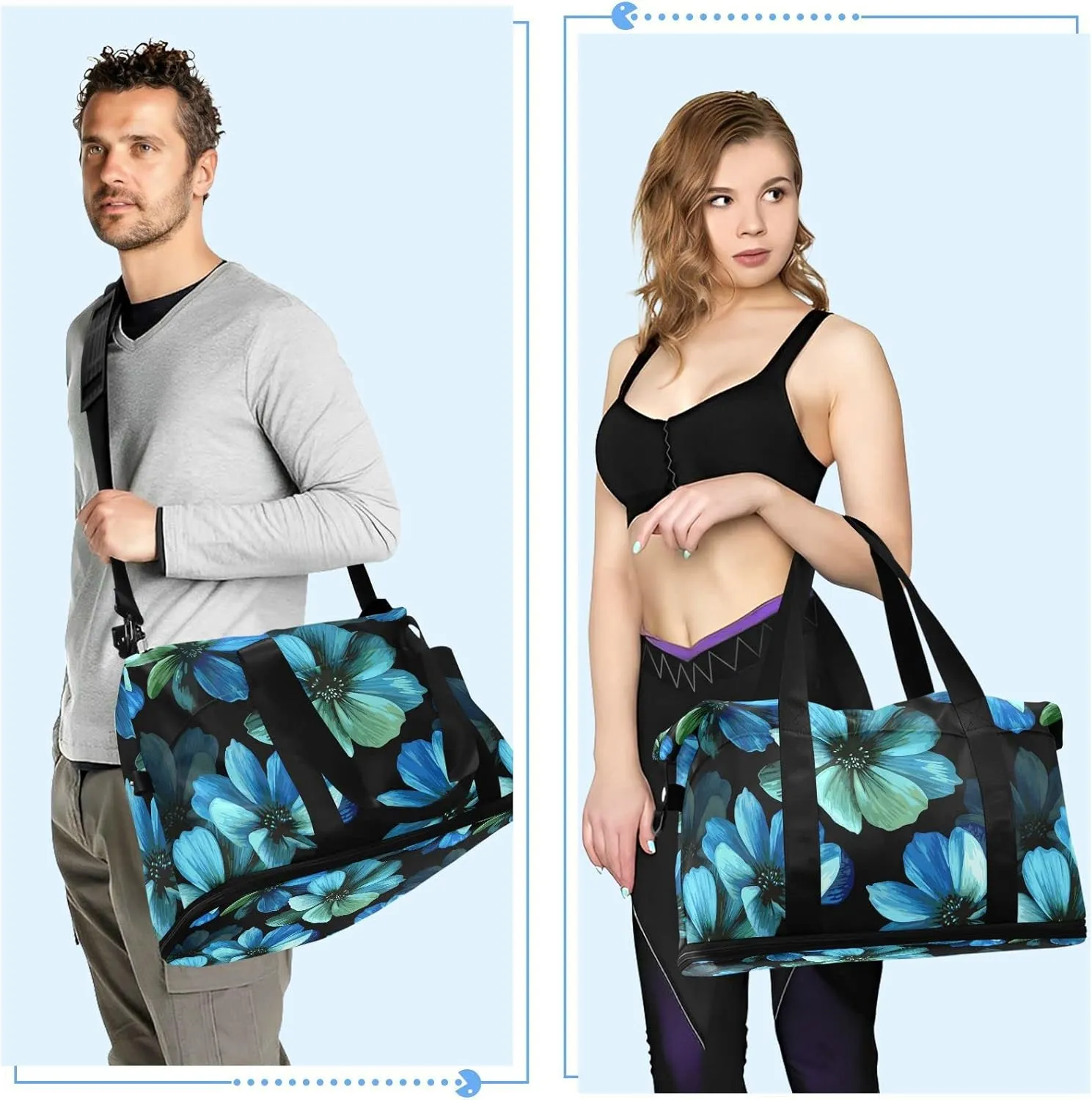 Seamless Mysterious Beautiful Blue Turquoise Flowers on Black Gym Duffel Bag, Polyester Travel Weekender Luggage Handbag with Waterproof Pocket for Wet Items, Unisex Foldable Tote for Sports