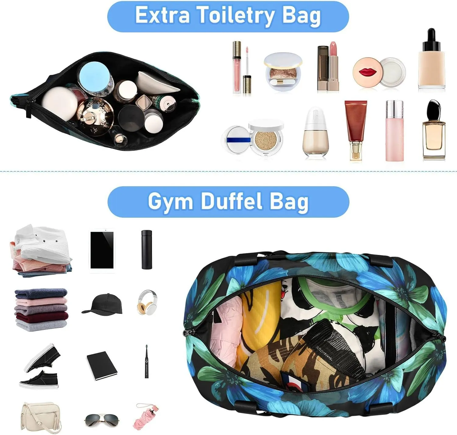 Seamless Mysterious Beautiful Blue Turquoise Flowers on Black Gym Duffel Bag, Polyester Travel Weekender Luggage Handbag with Waterproof Pocket for Wet Items, Unisex Foldable Tote for Sports