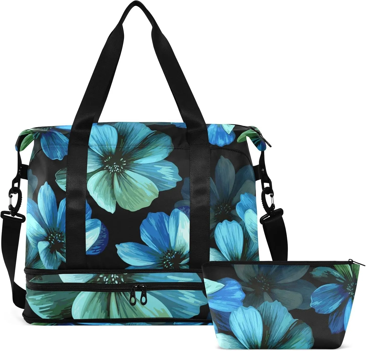 Seamless Mysterious Beautiful Blue Turquoise Flowers on Black Gym Duffel Bag, Polyester Travel Weekender Luggage Handbag with Waterproof Pocket for Wet Items, Unisex Foldable Tote for Sports