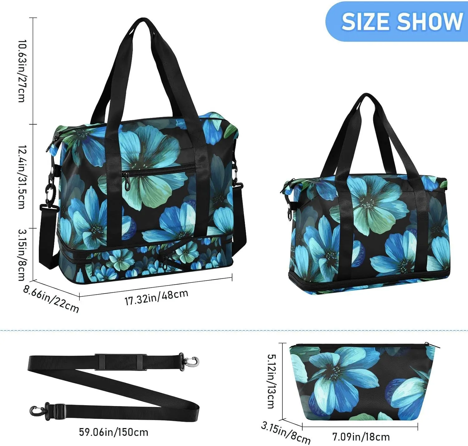 Seamless Mysterious Beautiful Blue Turquoise Flowers on Black Gym Duffel Bag, Polyester Travel Weekender Luggage Handbag with Waterproof Pocket for Wet Items, Unisex Foldable Tote for Sports