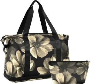 Seamless Mysterious Beautiful Vintage Retro Flowers on Black Gym Duffel Bag, Polyester Travel Weekender Luggage Handbag with Waterproof Pocket for Wet Items, Unisex Foldable Tote for Sports