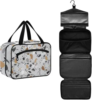Seamless Terrazzo Stone Fragments Rock Surface on Grey Background Women's Portable Makeup Bag with Handle Cosmetic Bag, Twill Cloth Travel Cosmetic Bag, Polyester Toiletry Bag for Women L Size