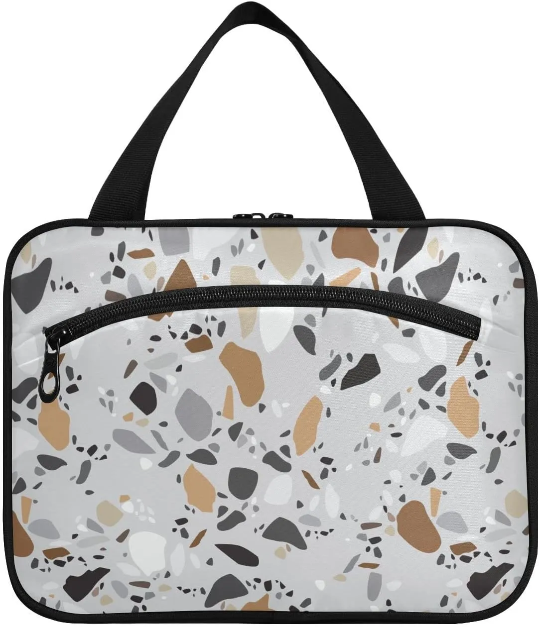 Seamless Terrazzo Stone Fragments Rock Surface on Grey Background Women's Portable Makeup Bag with Handle Cosmetic Bag, Twill Cloth Travel Cosmetic Bag, Polyester Toiletry Bag for Women L Size