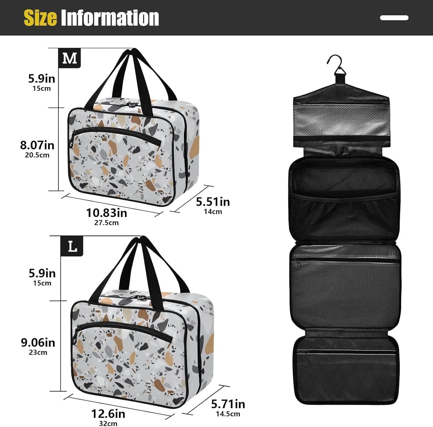 Seamless Terrazzo Stone Fragments Rock Surface on Grey Background Women's Portable Makeup Bag with Handle Cosmetic Bag, Twill Cloth Travel Cosmetic Bag, Polyester Toiletry Bag for Women L Size