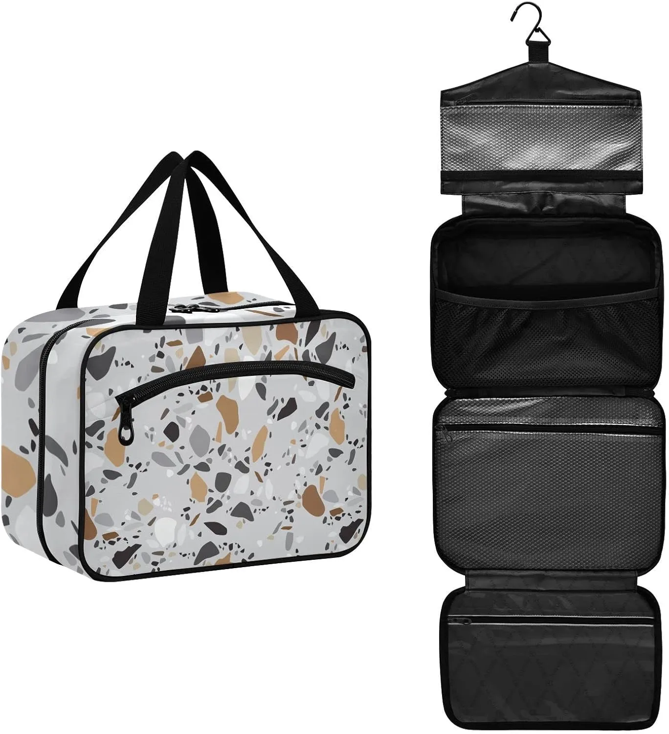 Seamless Terrazzo Stone Fragments Rock Surface on Grey Background Women's Portable Makeup Bag with Handle Cosmetic Bag, Twill Cloth Travel Cosmetic Bag, Polyester Toiletry Bag for Women L Size