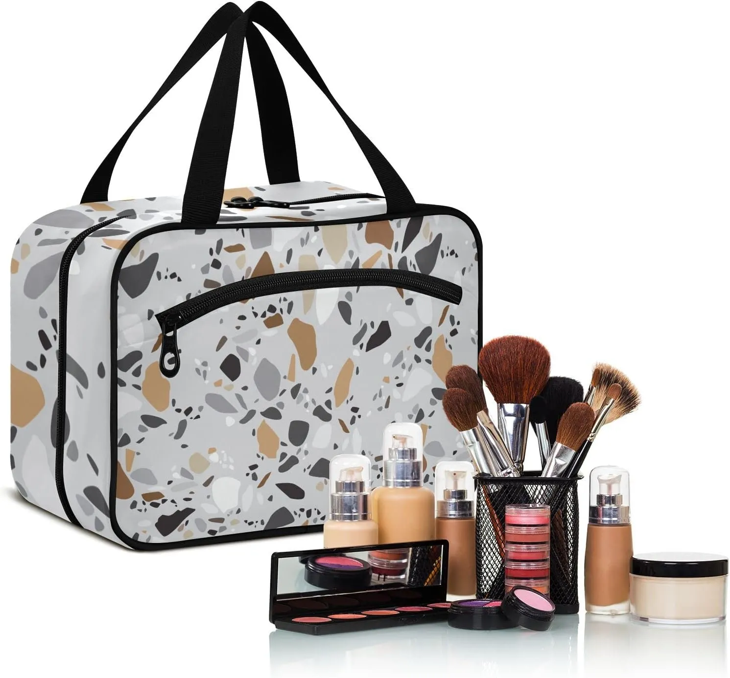 Seamless Terrazzo Stone Fragments Rock Surface on Grey Background Women's Portable Makeup Bag with Handle Cosmetic Bag, Twill Cloth Travel Cosmetic Bag, Polyester Toiletry Bag for Women L Size