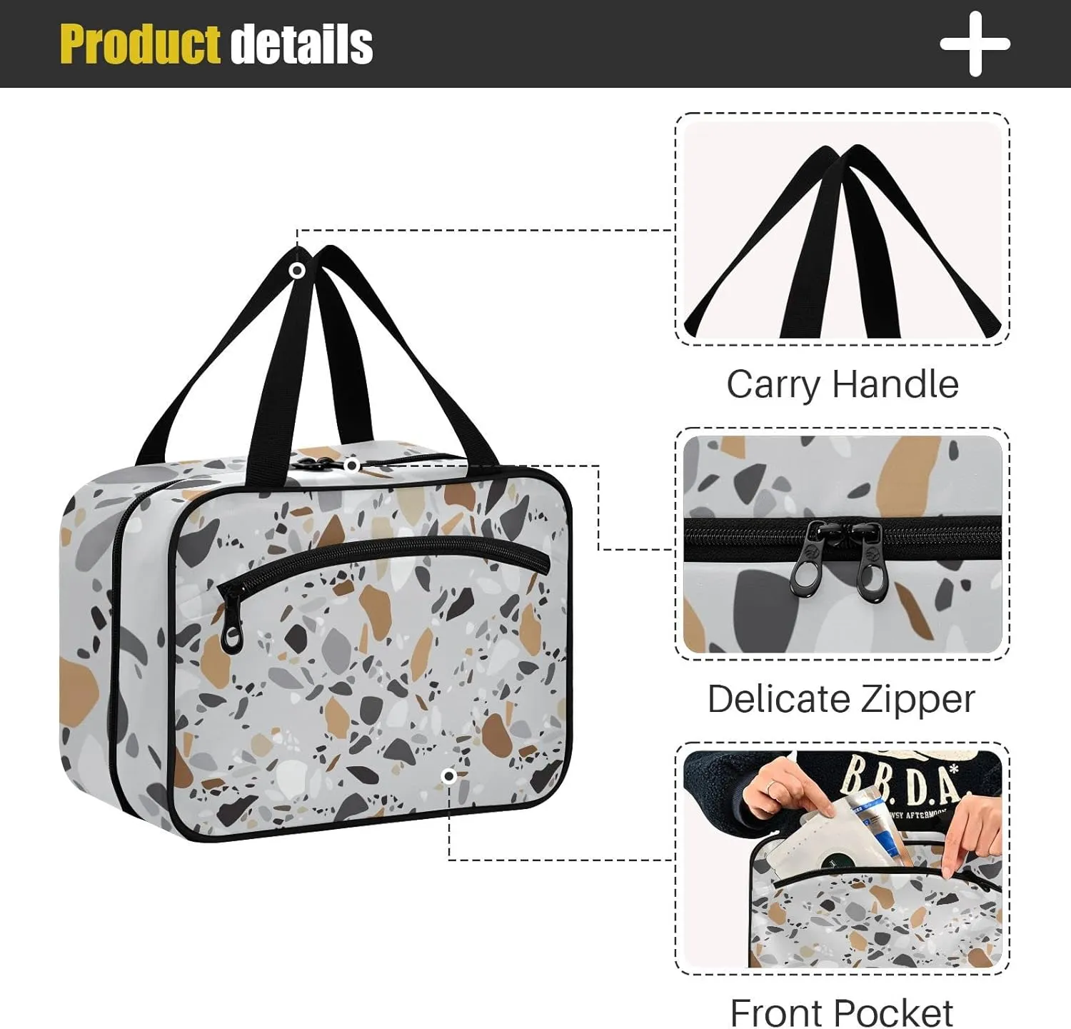 Seamless Terrazzo Stone Fragments Rock Surface on Grey Background Women's Portable Makeup Bag with Handle Cosmetic Bag, Twill Cloth Travel Cosmetic Bag, Polyester Toiletry Bag for Women L Size