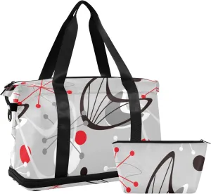 Seamless Vintage Atomic Retro mid Century 1950 Red Black Grey Style Gym Duffel Bag, Polyester Travel Weekender Luggage Handbag with Waterproof Pocket for Wet Items, Unisex Foldable Tote for Sports