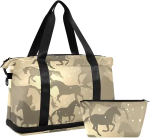 Seamless Vintage Horses Shiny Stars Sparks on Purple Gym Duffel Bag, Polyester Travel Weekender Luggage Handbag with Waterproof Pocket for Wet Items, Unisex Foldable Tote for Sports