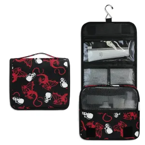 Seamless White Skull and Red Wing Flying Dragon on Dark Black Travel Cosmetic Bag, Hanging Toiletry Wash bag, Portable Makeup Organizer Brush Case, Storage Bag with Hook for Bathroom Toilet