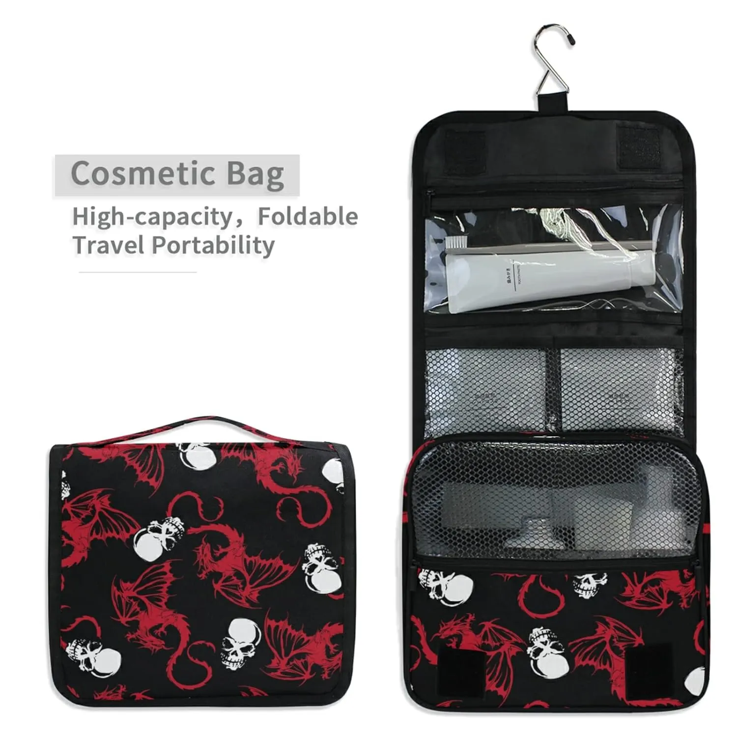 Seamless White Skull and Red Wing Flying Dragon on Dark Black Travel Cosmetic Bag, Hanging Toiletry Wash bag, Portable Makeup Organizer Brush Case, Storage Bag with Hook for Bathroom Toilet