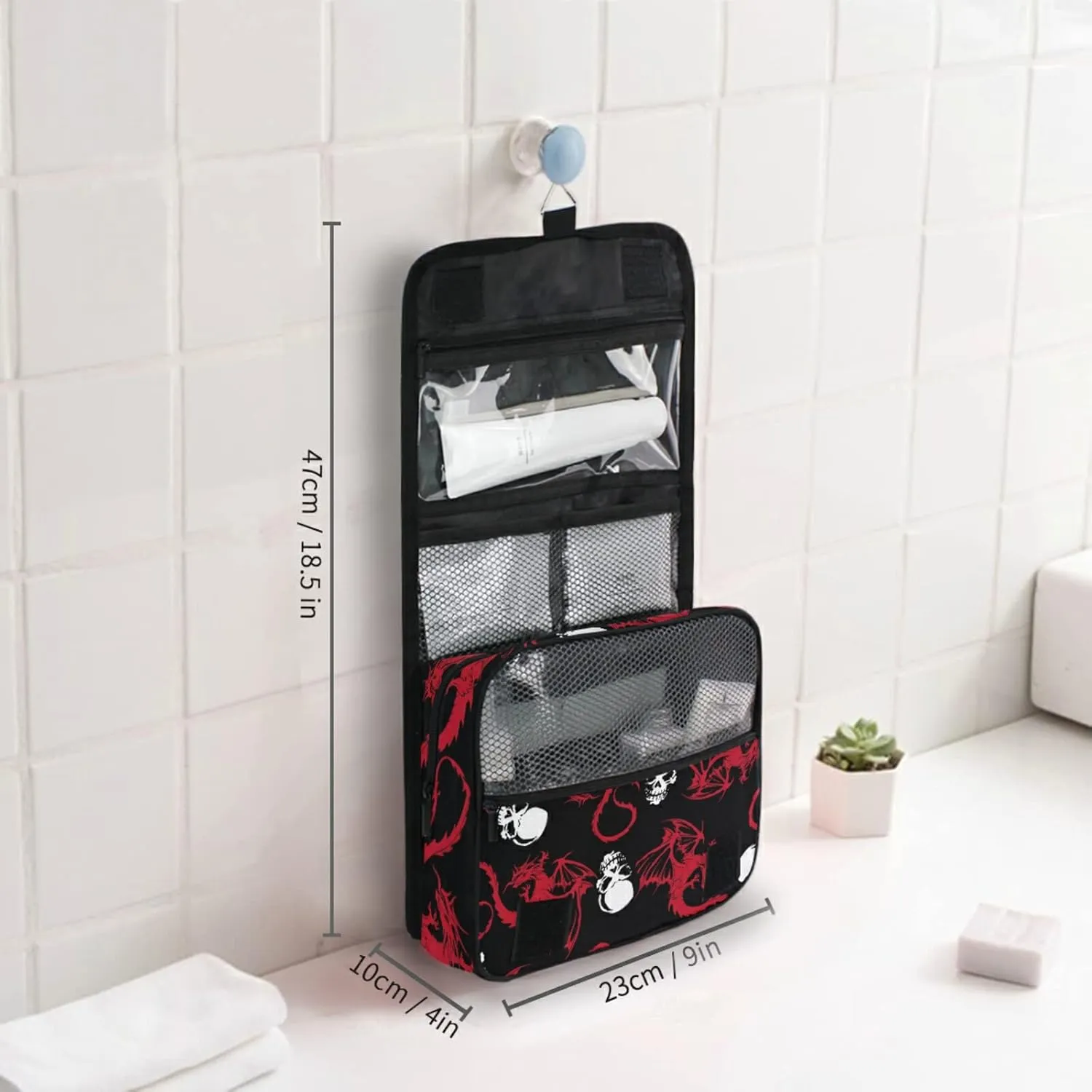 Seamless White Skull and Red Wing Flying Dragon on Dark Black Travel Cosmetic Bag, Hanging Toiletry Wash bag, Portable Makeup Organizer Brush Case, Storage Bag with Hook for Bathroom Toilet