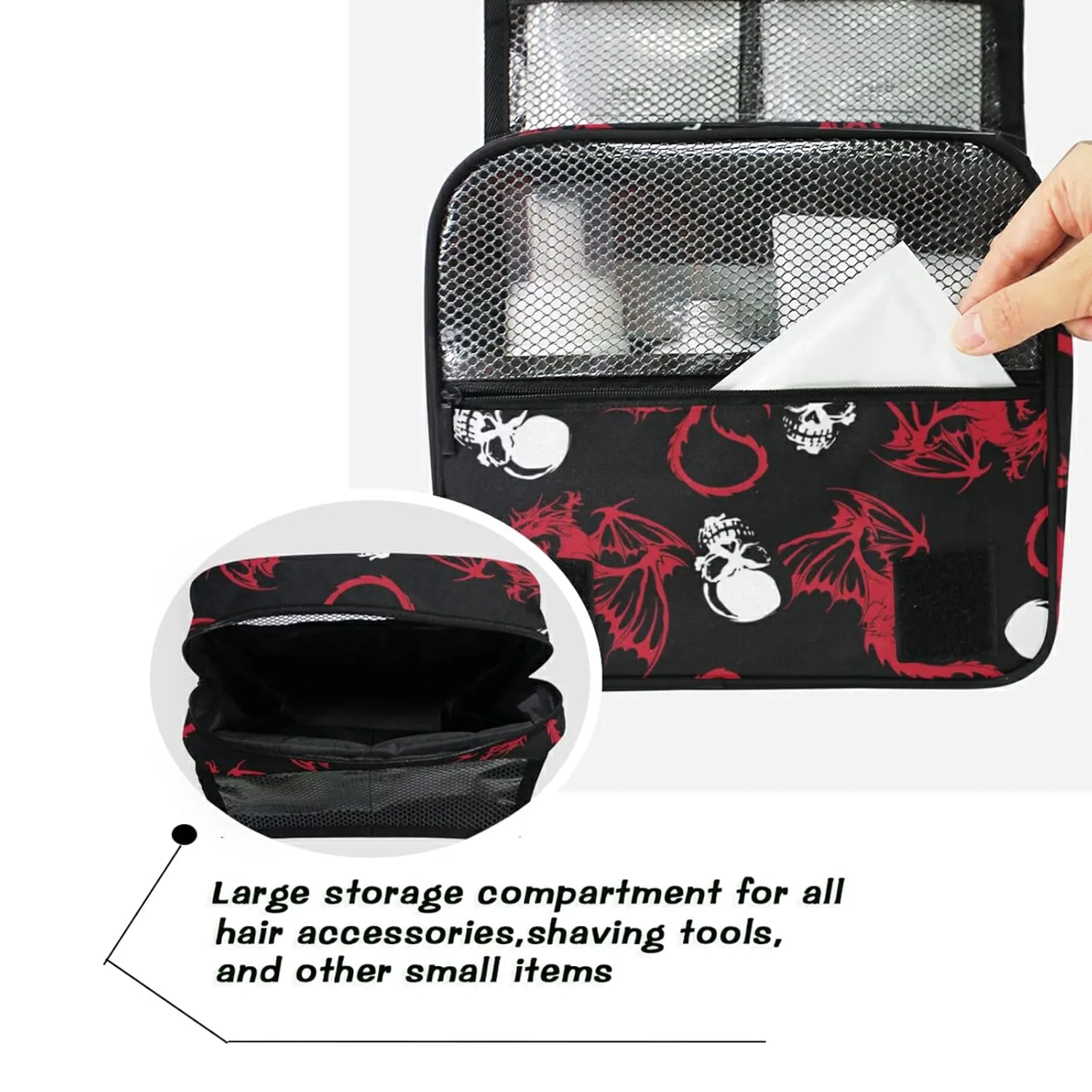 Seamless White Skull and Red Wing Flying Dragon on Dark Black Travel Cosmetic Bag, Hanging Toiletry Wash bag, Portable Makeup Organizer Brush Case, Storage Bag with Hook for Bathroom Toilet