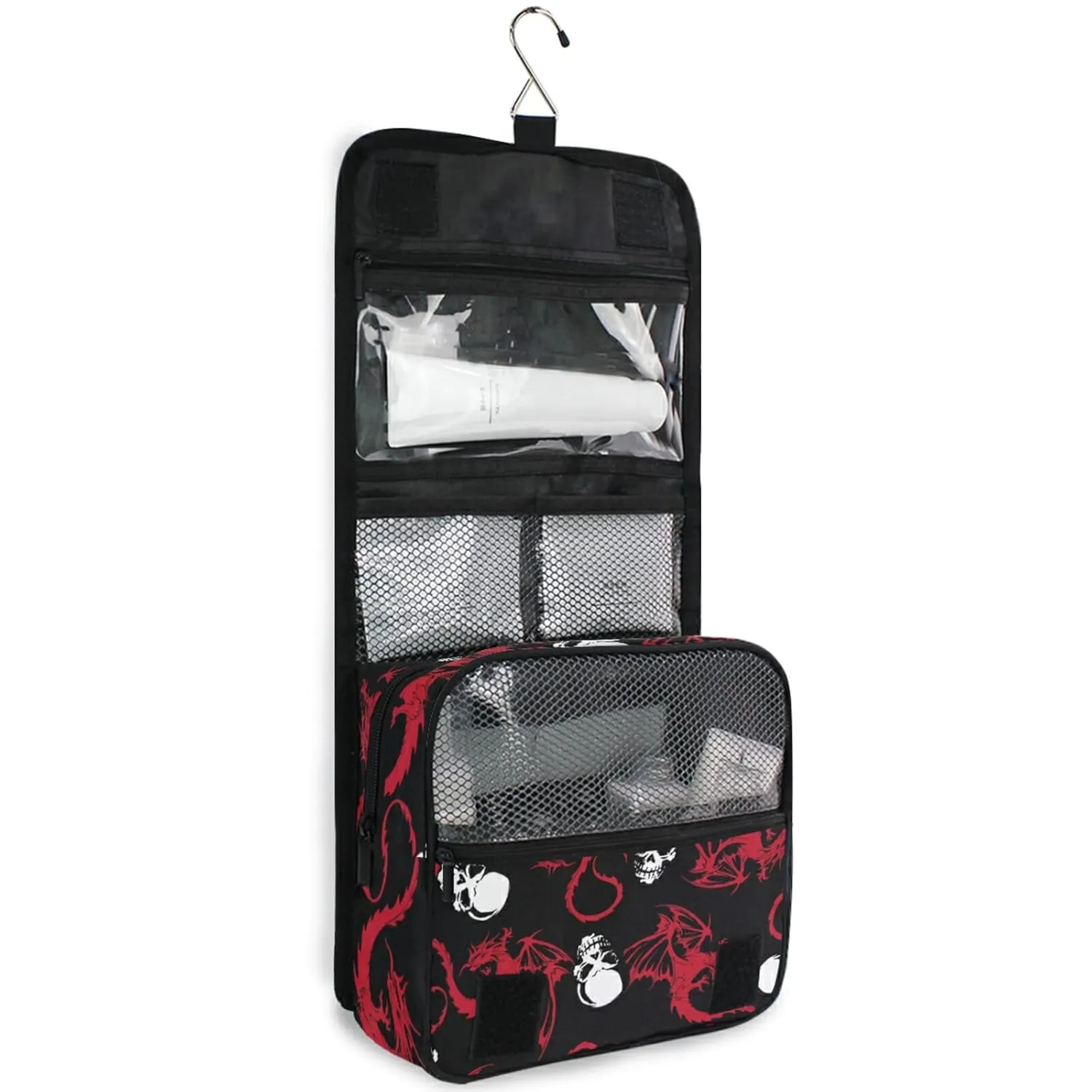 Seamless White Skull and Red Wing Flying Dragon on Dark Black Travel Cosmetic Bag, Hanging Toiletry Wash bag, Portable Makeup Organizer Brush Case, Storage Bag with Hook for Bathroom Toilet