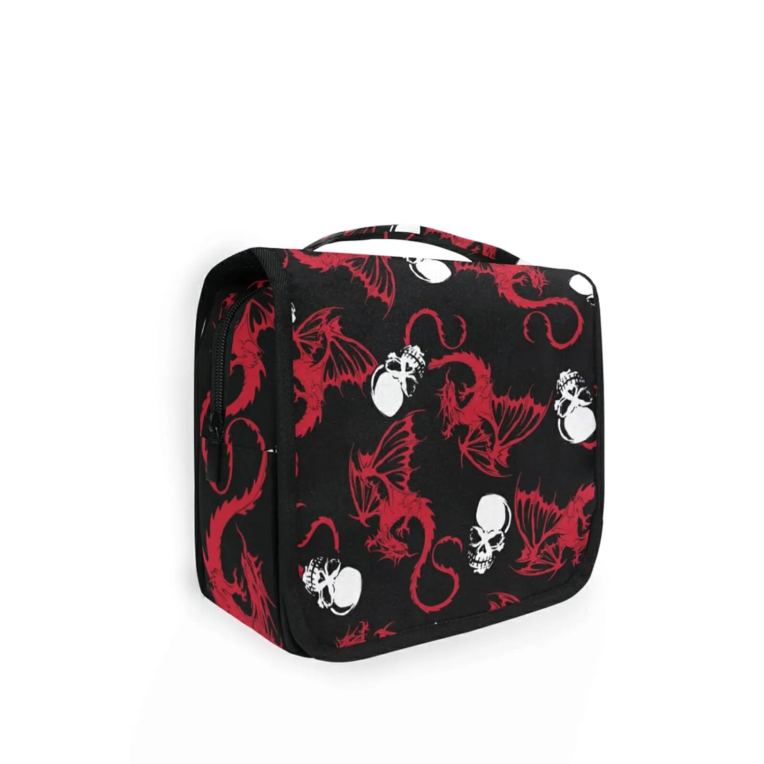 Seamless White Skull and Red Wing Flying Dragon on Dark Black Travel Cosmetic Bag, Hanging Toiletry Wash bag, Portable Makeup Organizer Brush Case, Storage Bag with Hook for Bathroom Toilet