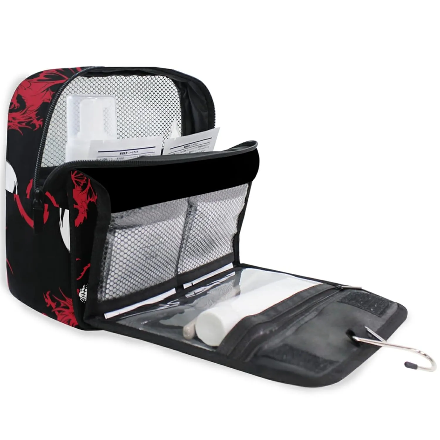 Seamless White Skull and Red Wing Flying Dragon on Dark Black Travel Cosmetic Bag, Hanging Toiletry Wash bag, Portable Makeup Organizer Brush Case, Storage Bag with Hook for Bathroom Toilet