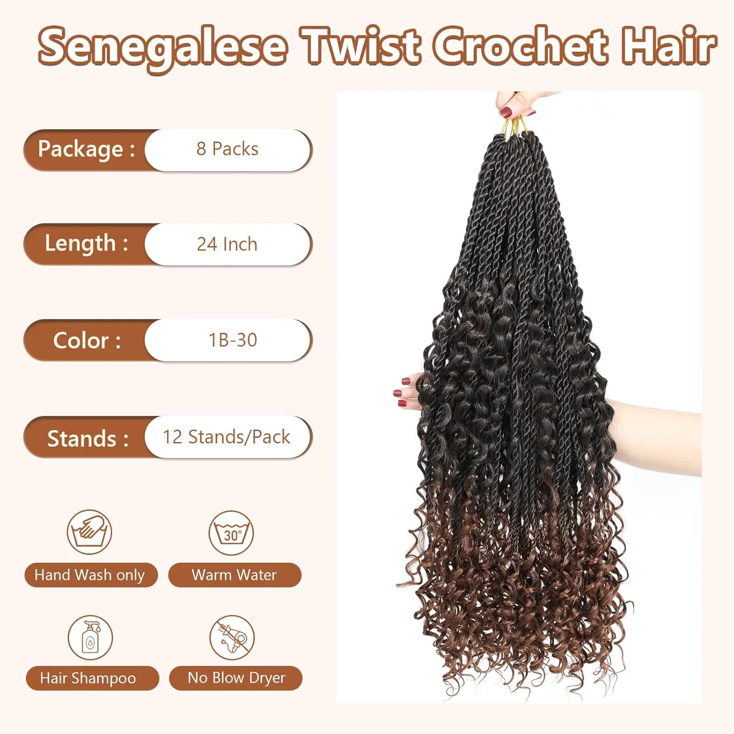 Senegalese Twist Crochet Hair with Curly Ends - 24 Inch Boho Island Twist Crochet Hair 8 Packs Boho Goddess Twist Crochet Hair Pre Looped Crochet Twists with Curly Ends(24(8Packs), 1B/30)