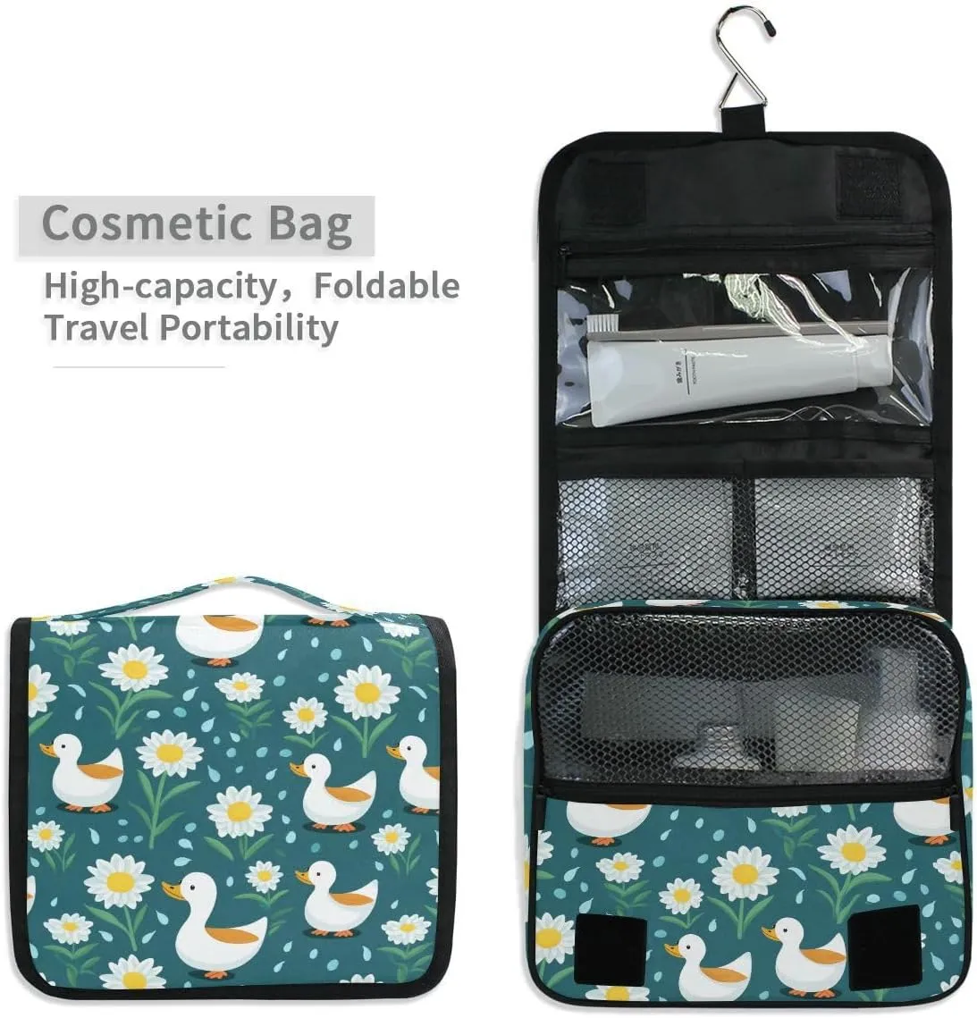 senya Hanging Travel Toiletry Bag 649 Duck Green Flowers Kit Makeup Case Cosmetics Organizer for Men Women