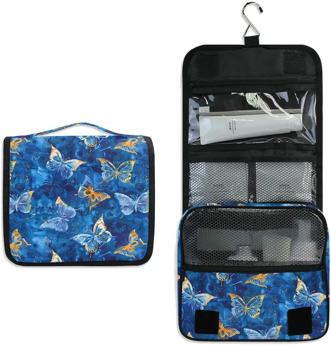 senya Hanging Travel Toiletry Bag Butterflies Dye Navy Kit Makeup Case Cosmetics Organizer for Men Women