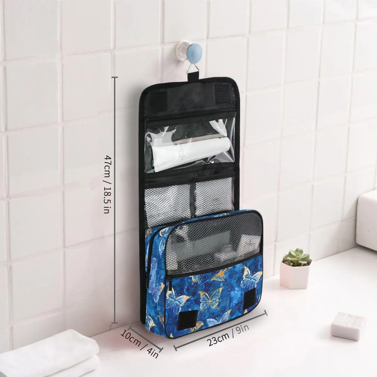 senya Hanging Travel Toiletry Bag Butterflies Dye Navy Kit Makeup Case Cosmetics Organizer for Men Women
