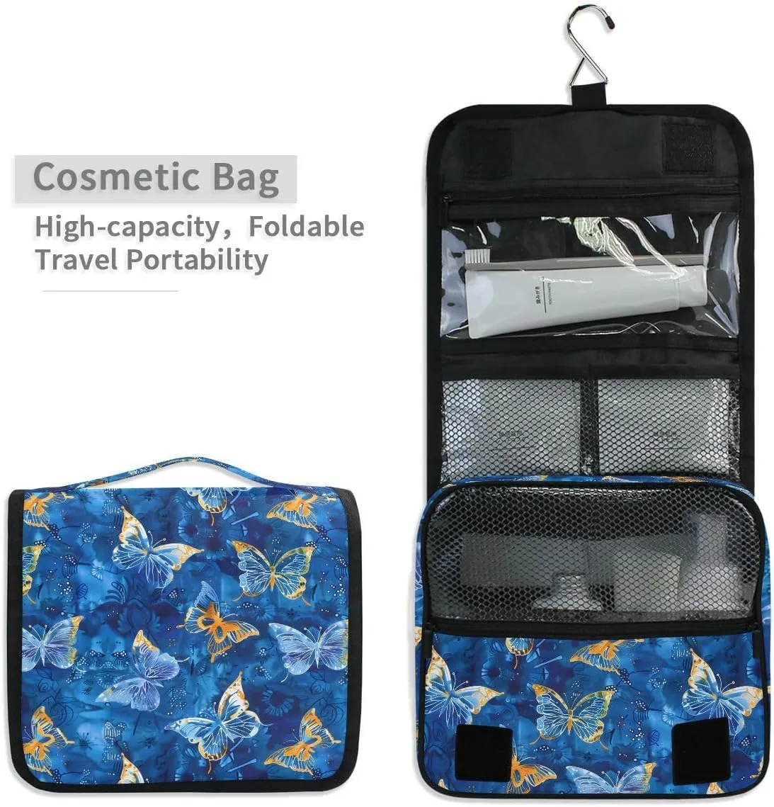 senya Hanging Travel Toiletry Bag Butterflies Dye Navy Kit Makeup Case Cosmetics Organizer for Men Women