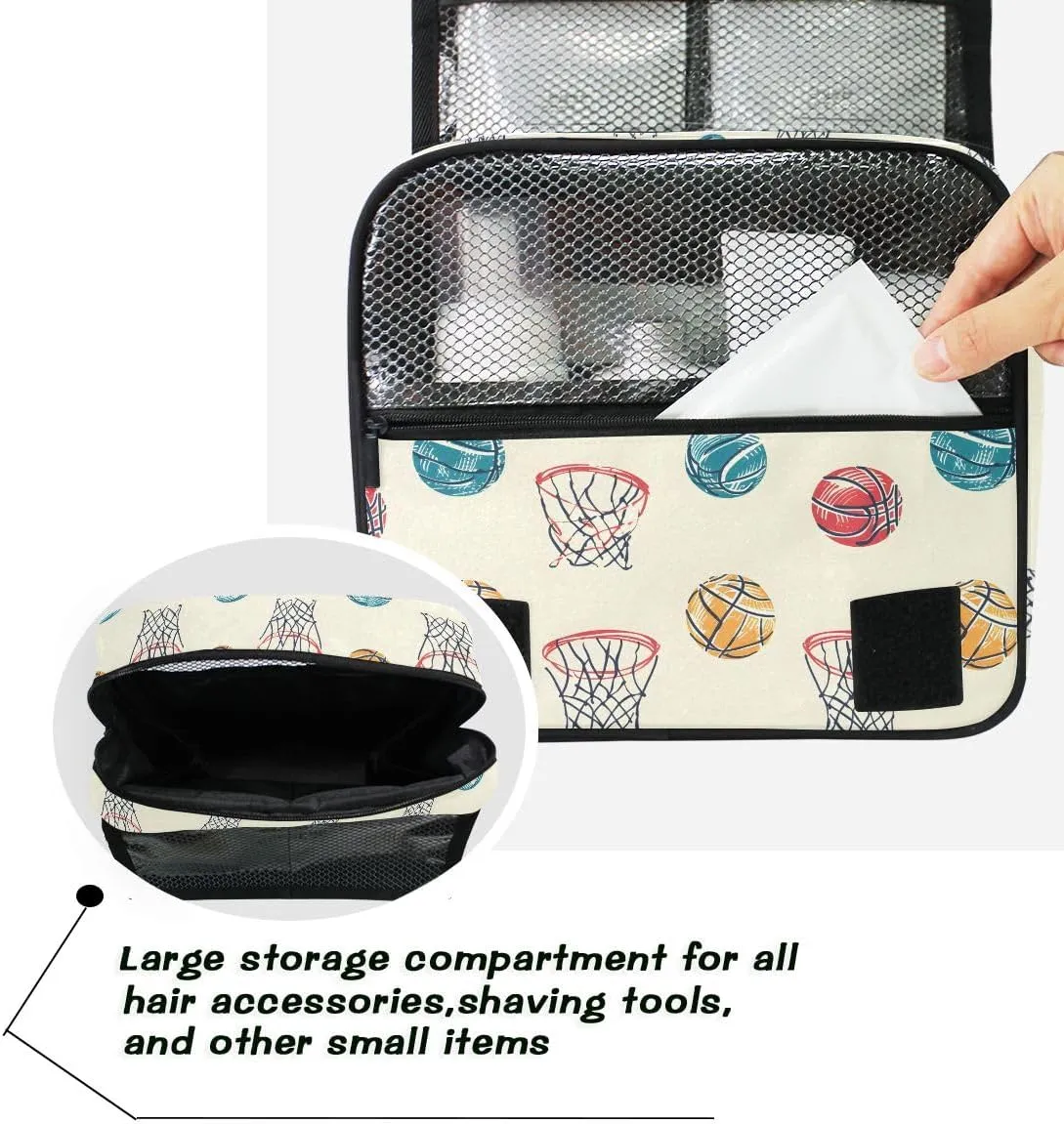 senya Hanging Travel Toiletry Bag Kit Boys Makeup Case Cosmetics Organizer for Men Women (Basketball Balls And Hoop)