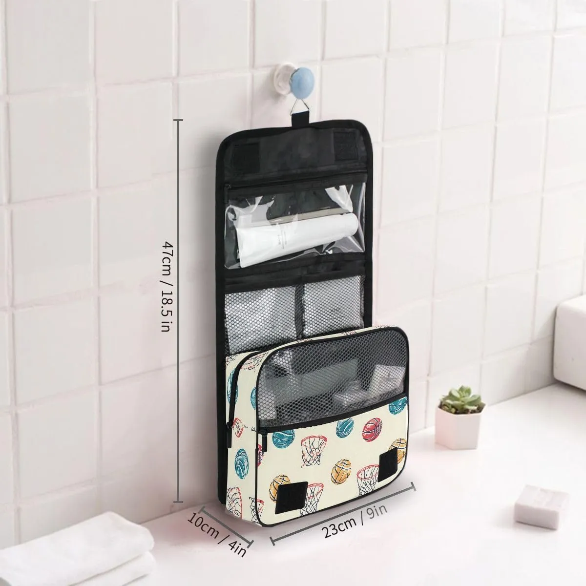 senya Hanging Travel Toiletry Bag Kit Boys Makeup Case Cosmetics Organizer for Men Women (Basketball Balls And Hoop)