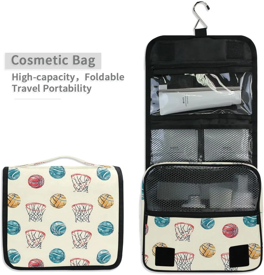 senya Hanging Travel Toiletry Bag Kit Boys Makeup Case Cosmetics Organizer for Men Women (Basketball Balls And Hoop)