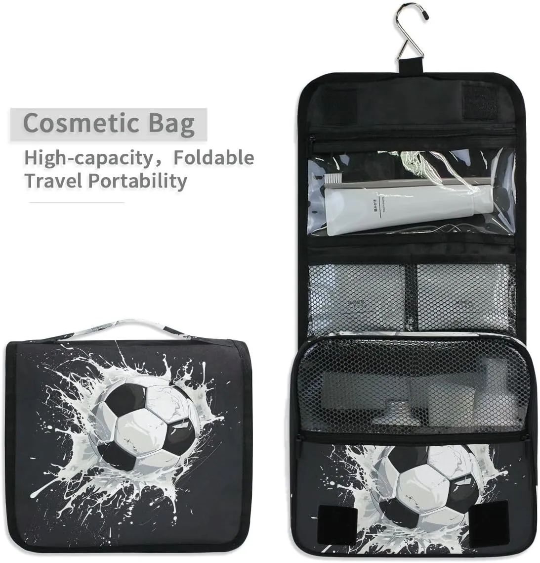 senya Hanging Travel Toiletry Bag Kit Boys Makeup Case Cosmetics Organizer for Men Women (Soccer Ball)