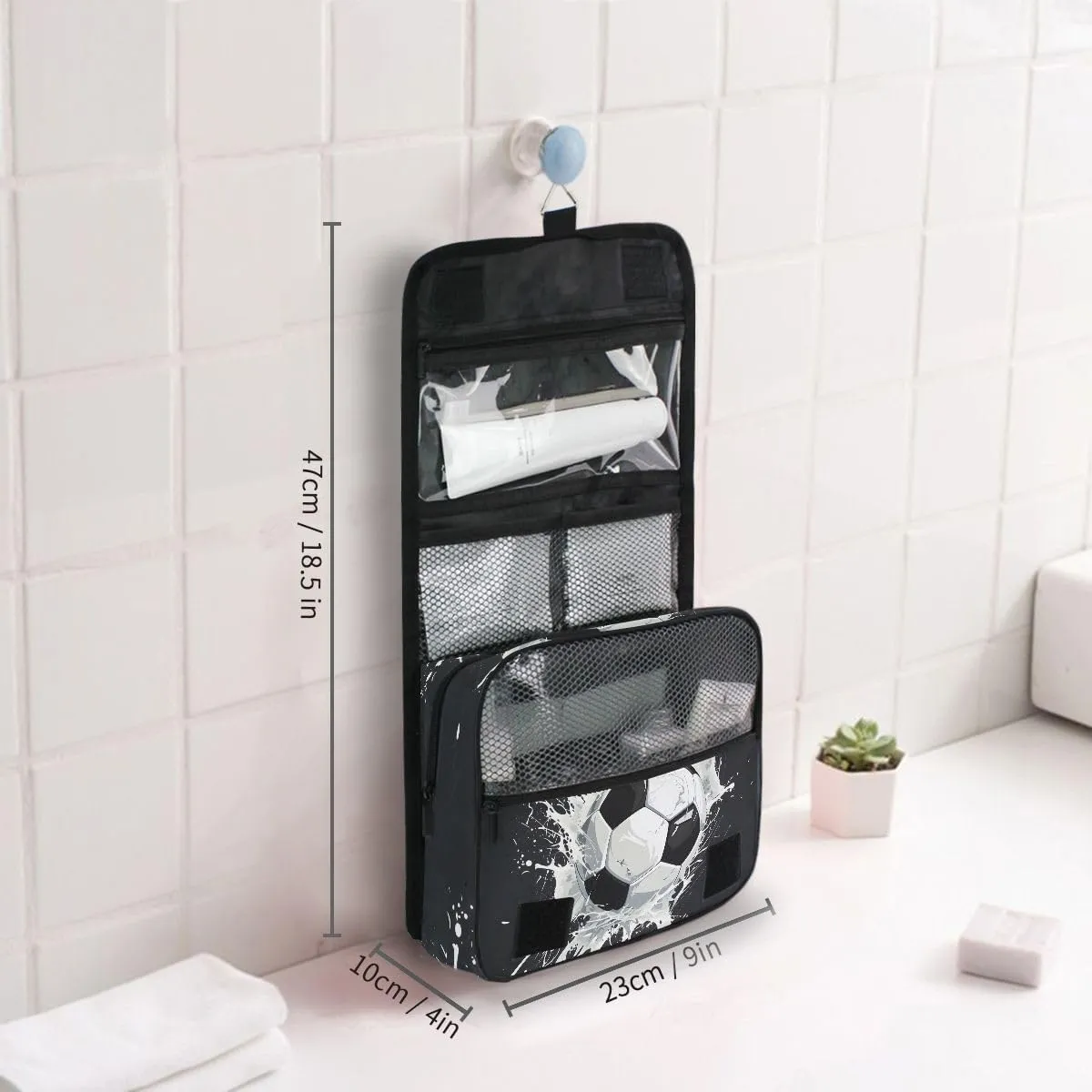 senya Hanging Travel Toiletry Bag Kit Boys Makeup Case Cosmetics Organizer for Men Women (Soccer Ball)