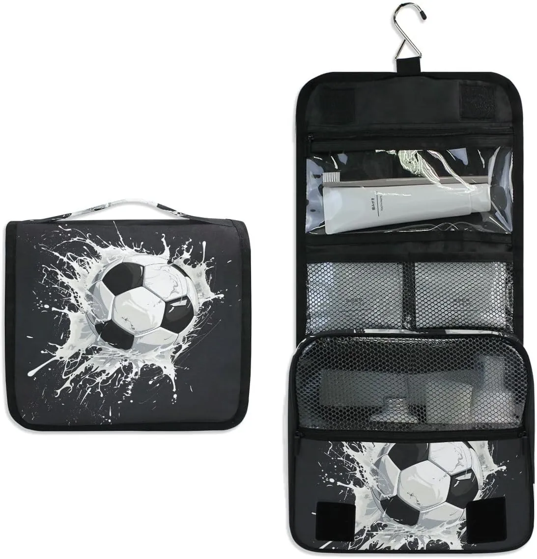 senya Hanging Travel Toiletry Bag Kit Boys Makeup Case Cosmetics Organizer for Men Women (Soccer Ball)